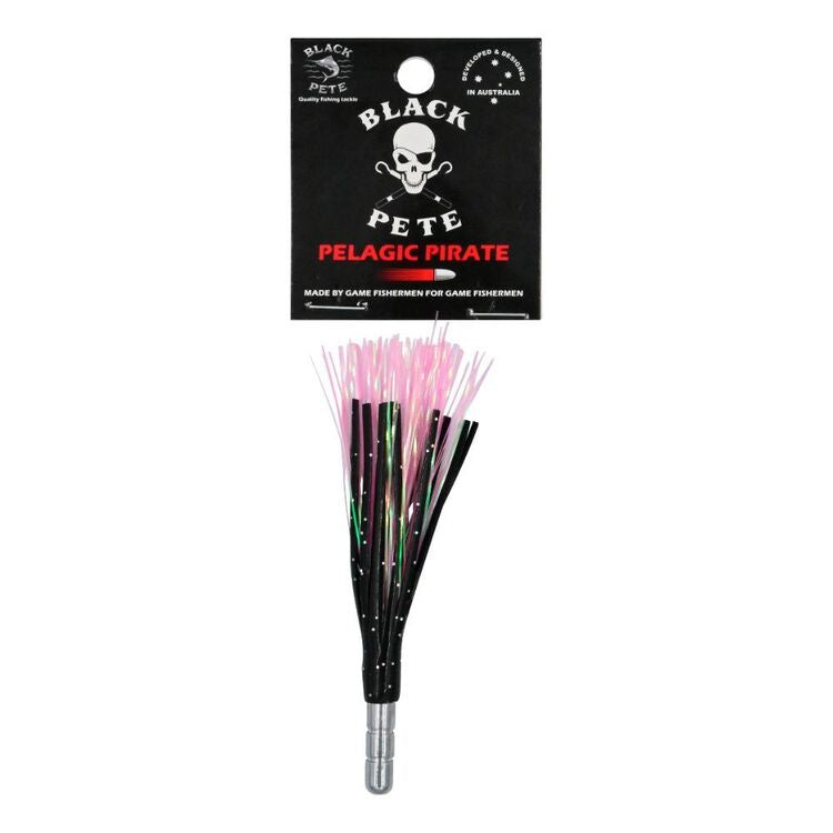 4 inch pelagic skirted lure Black Pete Pelagic Pirate packaging with vibrant skirt for fishing.