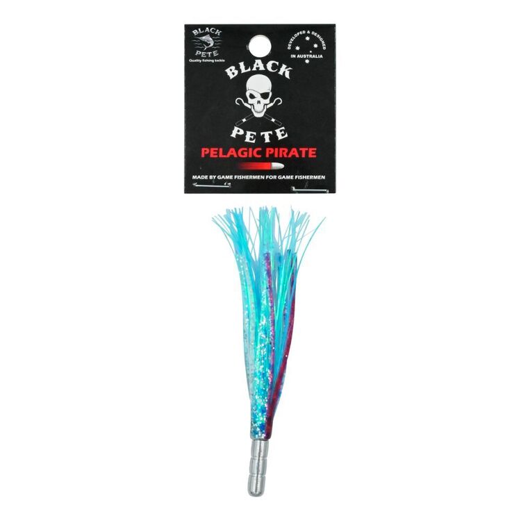 4 inch pelagic skirted lure Black Pete Pelagic Pirate with blue and purple skirt for fishing.