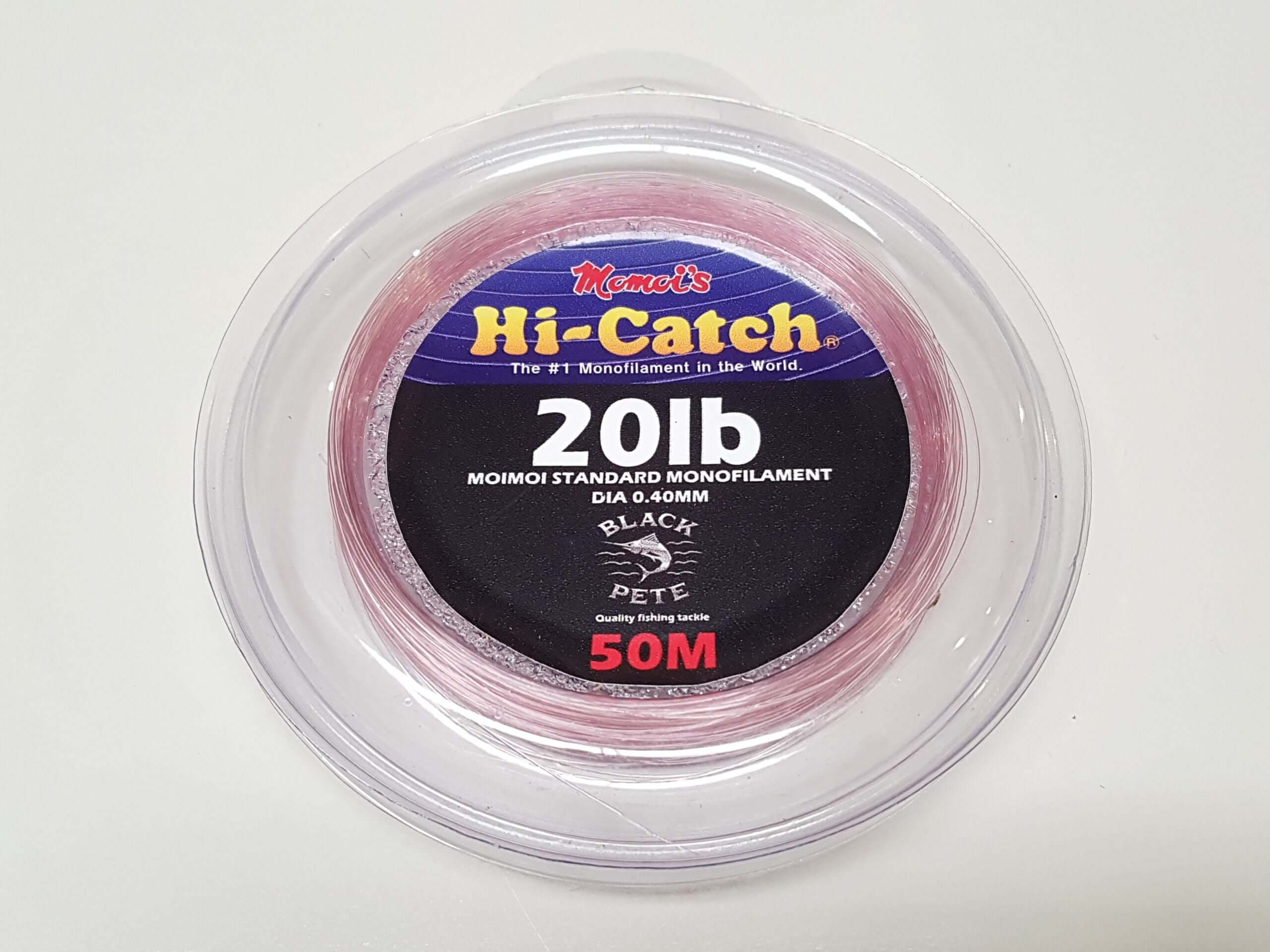 Momoi Standard Pink Monofilament Leader 50M displayed in packaging with 20lb test, labeled for quality fishing.