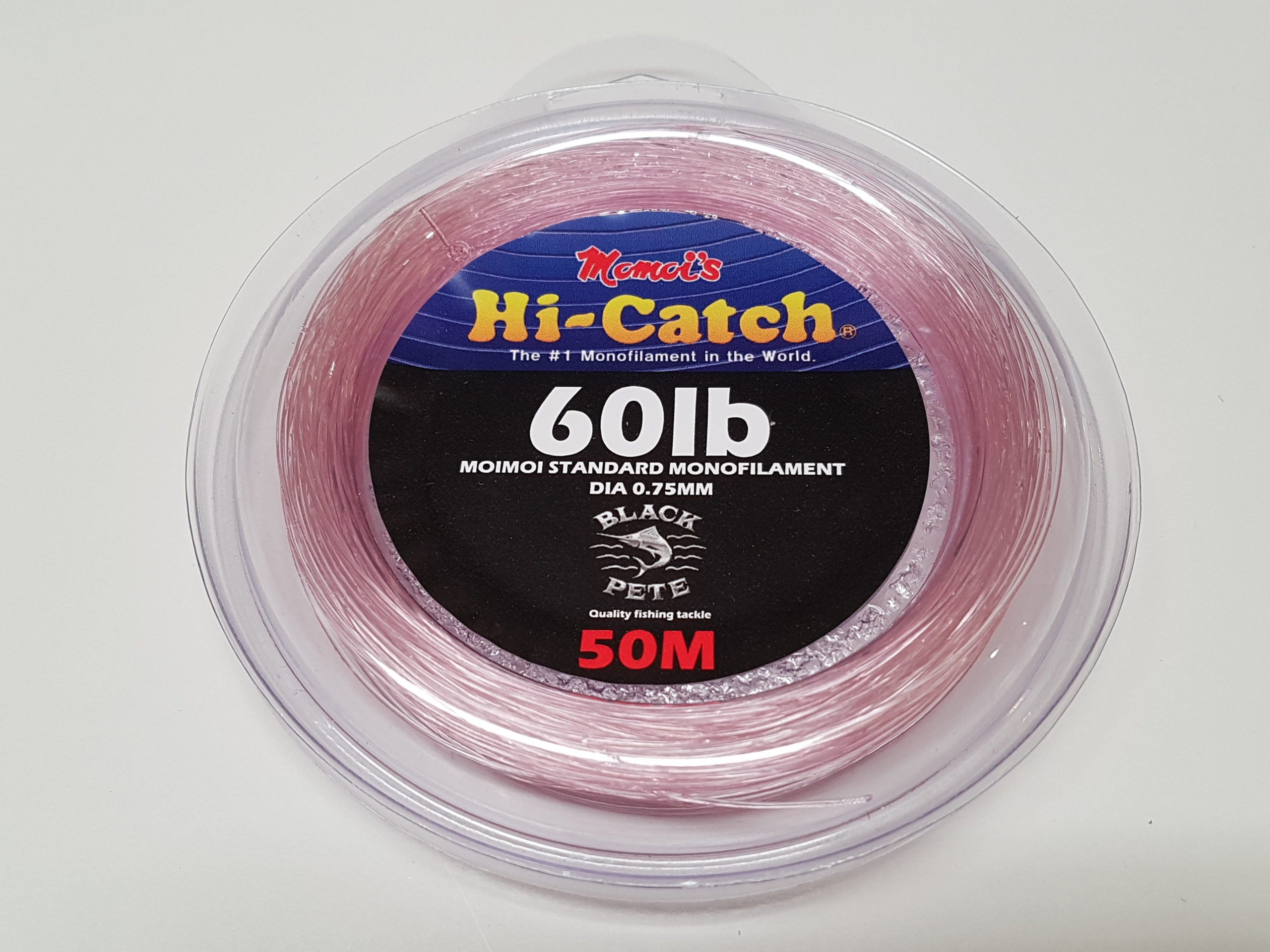 Momoi Standard Pink Monofilament Leader 50M in spool, featuring 60lb test line and 50m length.