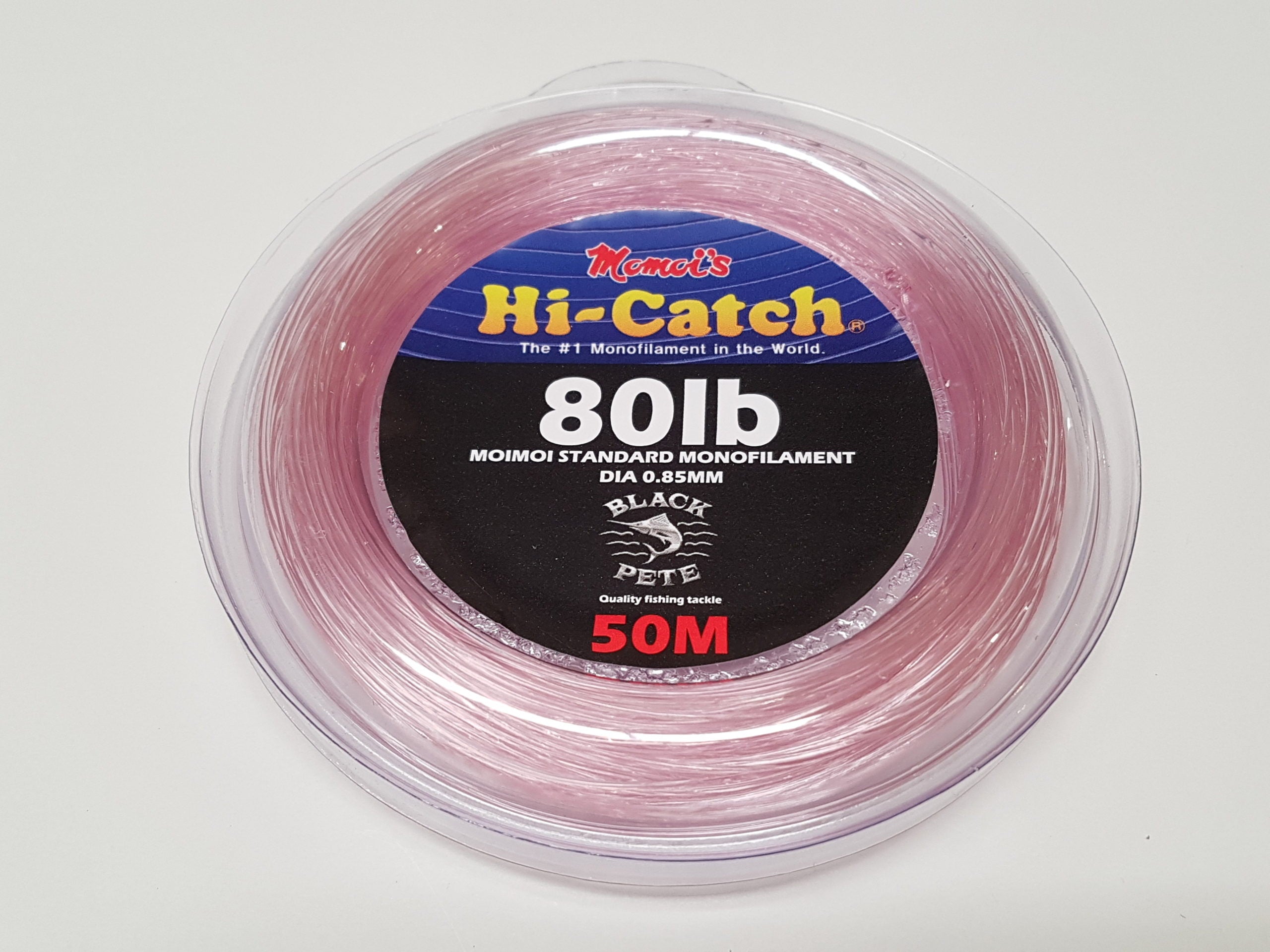 Momoi Standard Pink Monofilament Leader 50M in a clear spool showing 80lb with pink line.