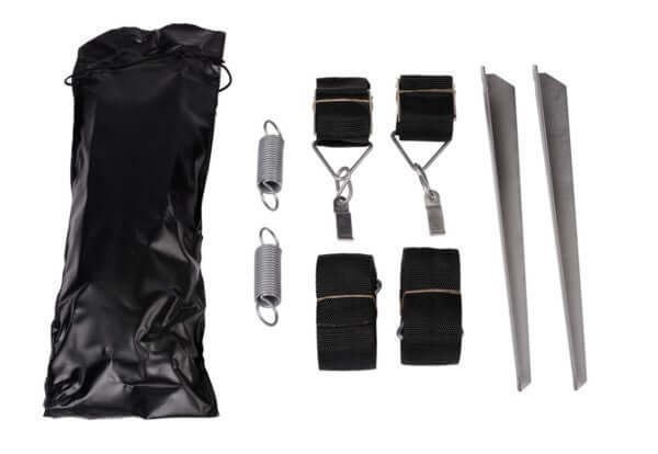Thule awning hold down straps set including black straps, springs, and stakes for securing awnings in windy conditions.