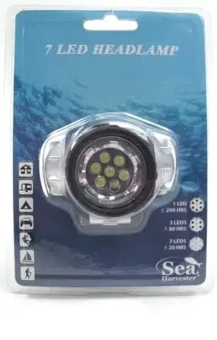 Sea Harvester Led 6+1 Headlight 7 LED Headlamp packaging featuring durable and water-resistant design.
