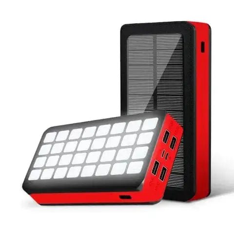 Solar Power Bank featuring LED lights, multiple USB ports, and solar charging for outdoor adventures.