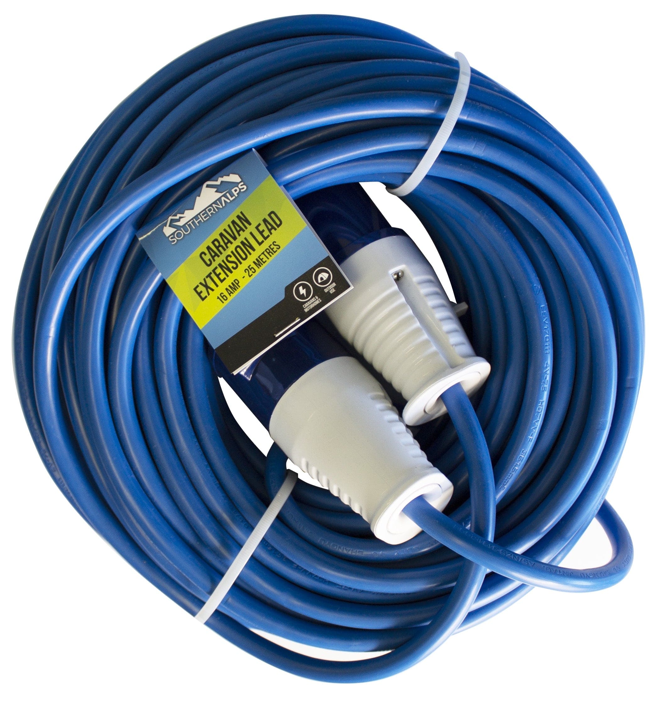 Southern Alps Caravan Extension Lead - 25m coiled with connectors for outdoor power use.