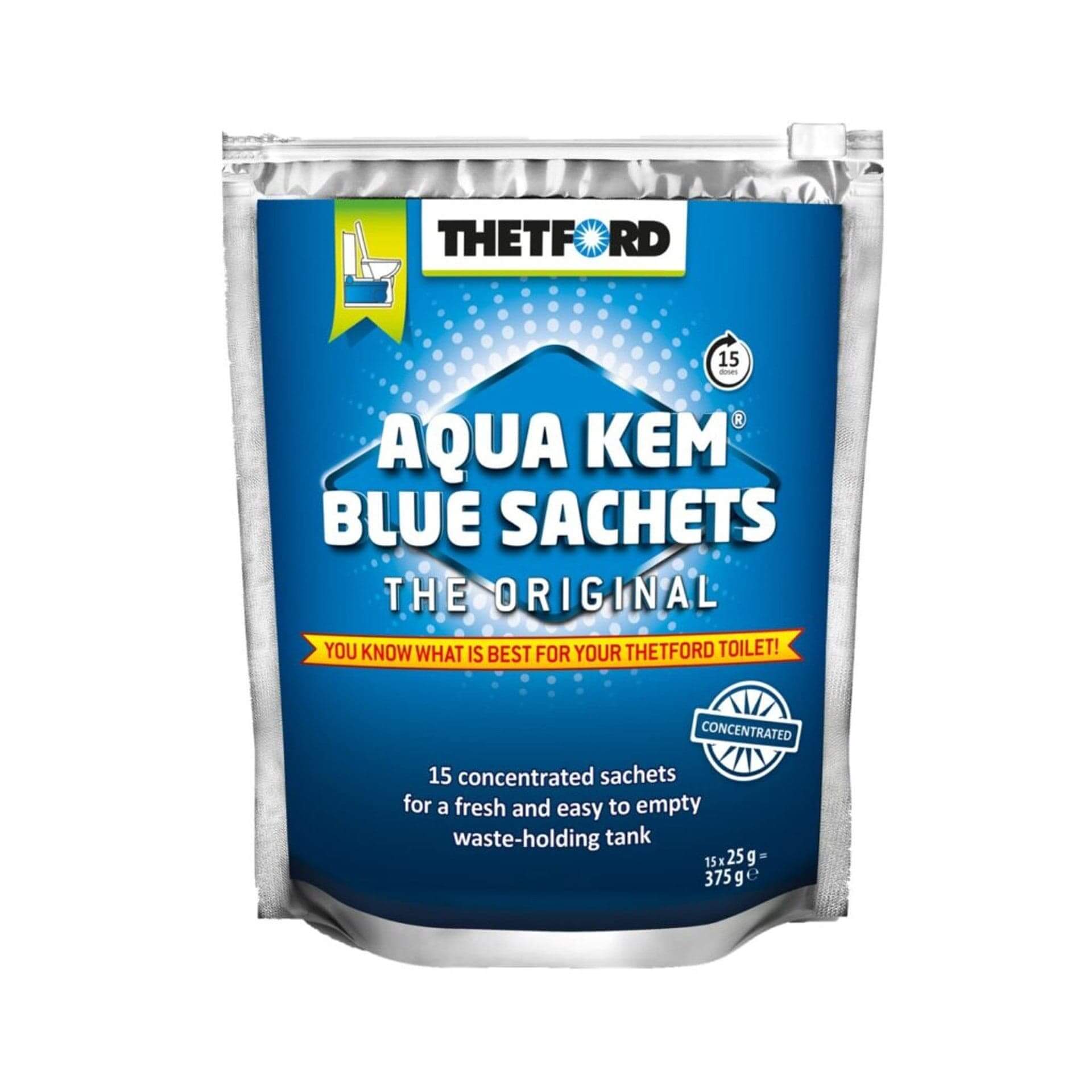 Aqua Kem Blue sachets for portable toilets packaging showcasing concentrated sachets for waste-holding tank freshness.