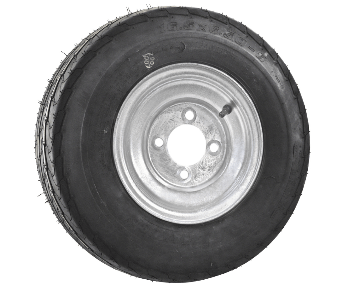 Trojan Rims and Tyres 8” Wheel and Tyre assembled Centre: 4 x 4”, Tyre: 16 x 650 x 8” pneumatic tyre , Galvanised Rim