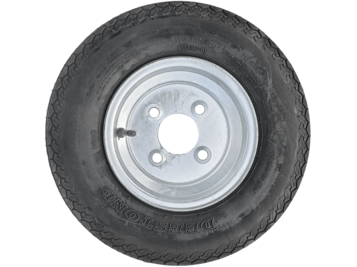 Trojan Rims and Tyres 8” Wheel and Tyre assembled Centre: 4 x 4”, Tyre: 480 x 8” pneumatic tyre , Galvanised Rim