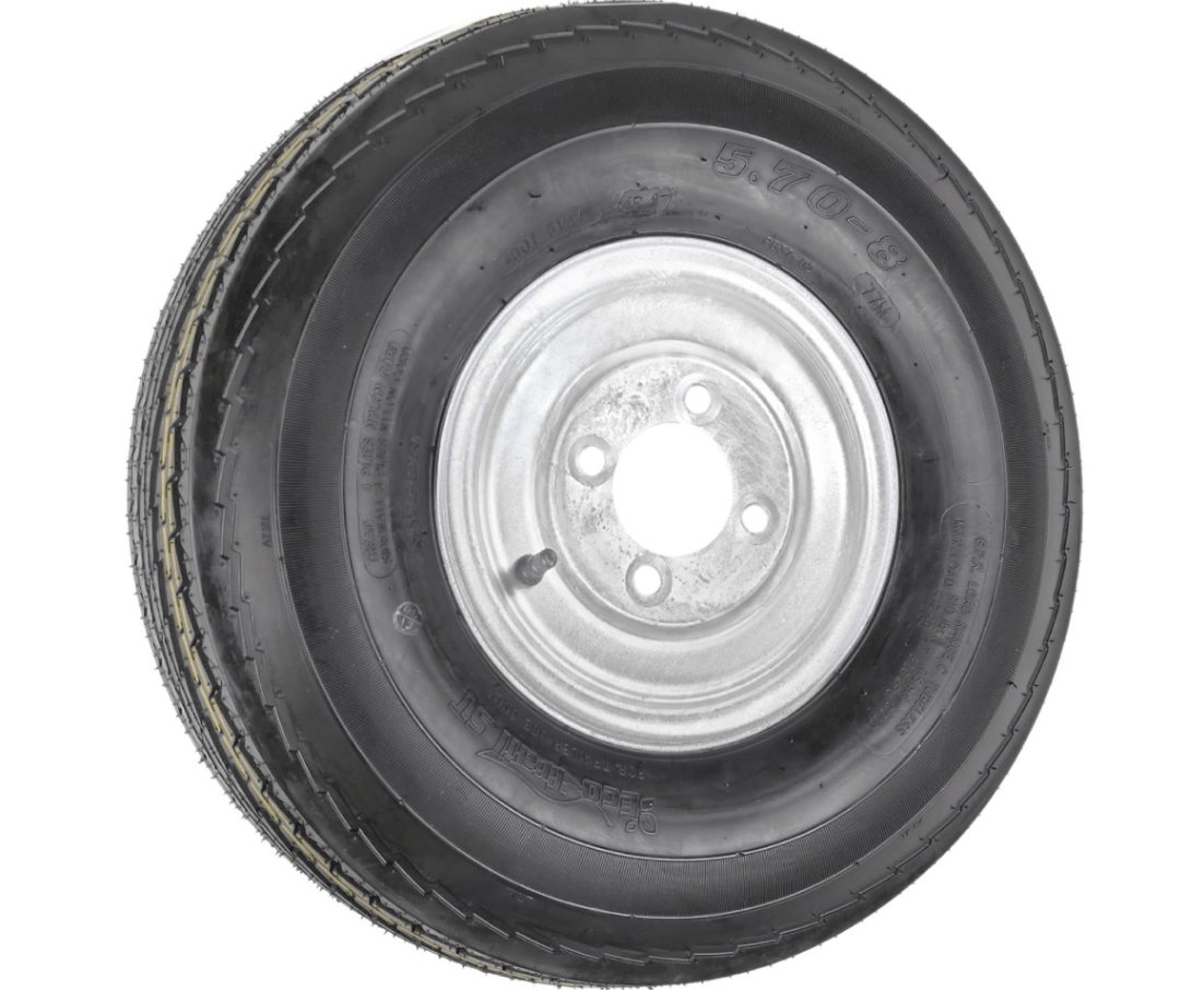 Trojan Rims and Tyres 8” Wheel and Tyre assembled Centre: 4 x 4”, Tyre: 570 x 8” pneumatic tyre , Galvanised Rim