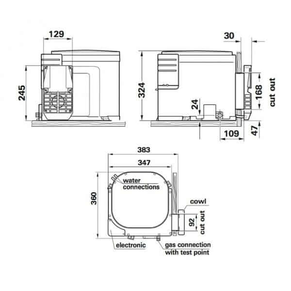 Truma Gas/240V Water Heater 14Ltr - With Install Kit technical diagram showcasing dimensions and connections.
