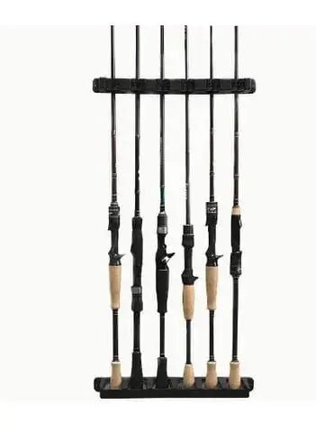 Rod Holder Vertical Wall Mount displaying six fishing rods securely stored and saved space.