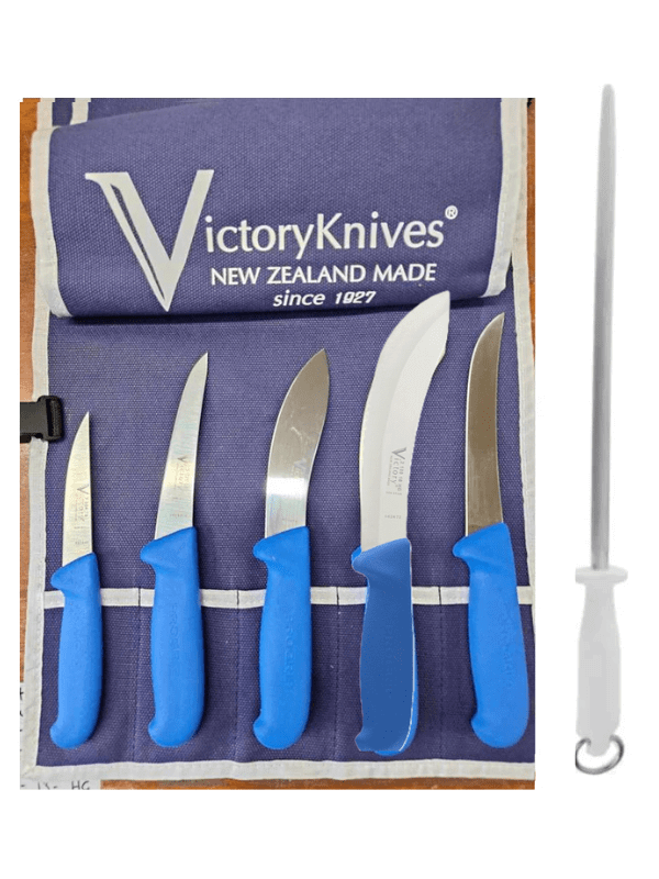Victory Knives Butchers Knives Blue Progrip 6 PIECE / CANVAS Victory Skinning & Boning Knife Set Blue