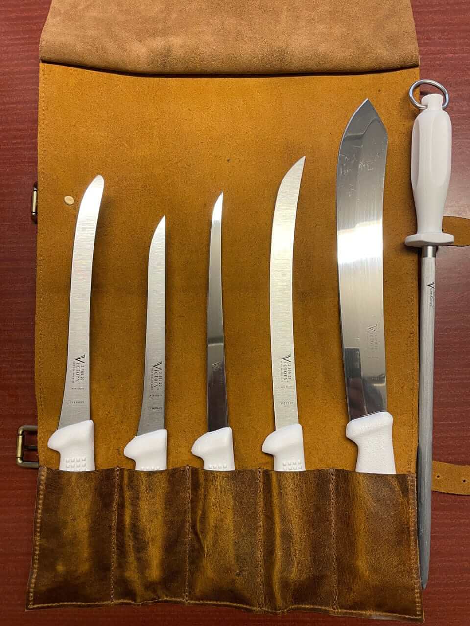 Victory Knives FISHING KNIFE SET LEATHER 5 POCKETS Fisherman's 6 Piece  Fish Filleting Set