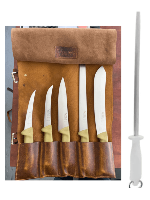 Victory Knives Knife Set 6 PIECES / LEATHER 5 POCKET Butcher & BBQ Gold Set