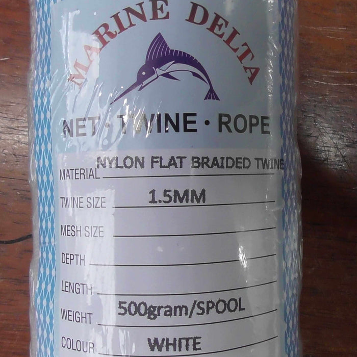 1.5mm White Nylon Flat Braid spool from Marine Delta, ideal for crafting and DIY projects.