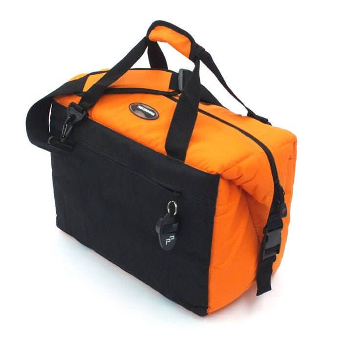New Arrivals Week: Stylish orange and black bag with multiple pockets and adjustable strap.