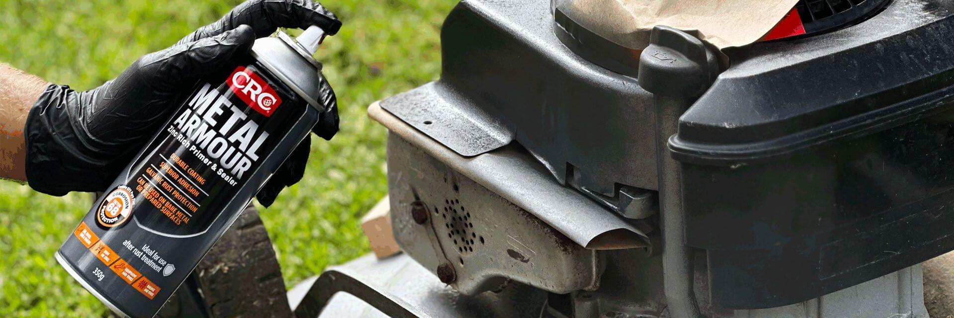 Exciting New CRC products Just In: CRC Metal Armour spray being applied to a lawn mower.