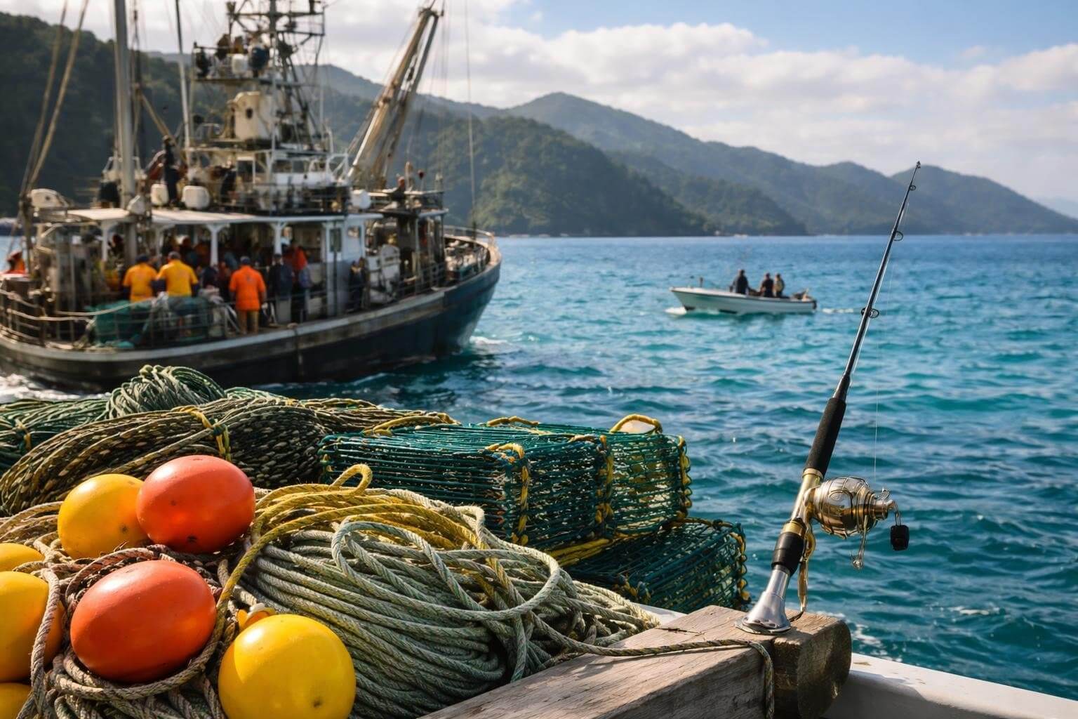 Fishing Gear New Zealand Quality Equipment Guide 2026 with fishing nets and equipment on a boat.