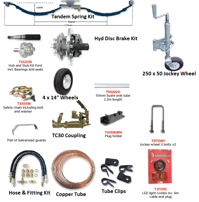 Trojan Trailer Parts NZ collection including spring kits, brake kits, jockey wheels, and more for trailers.