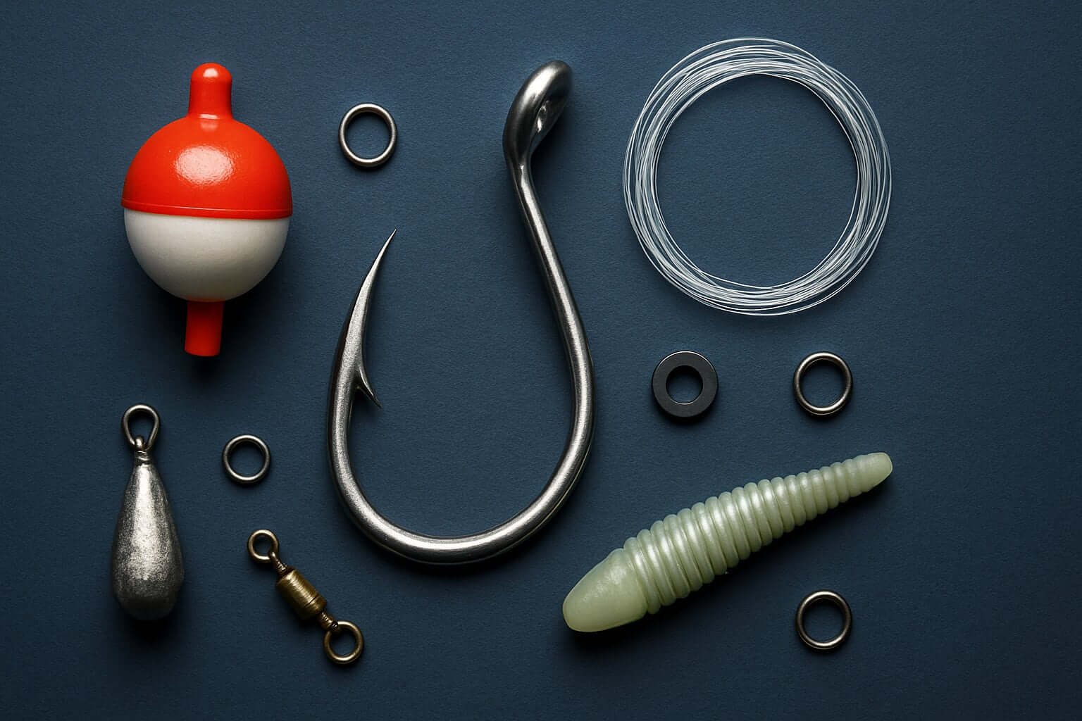Top 10 Essential Fishing Parts for Every Angler in 2026 including hooks, floats, and lines on a dark background.