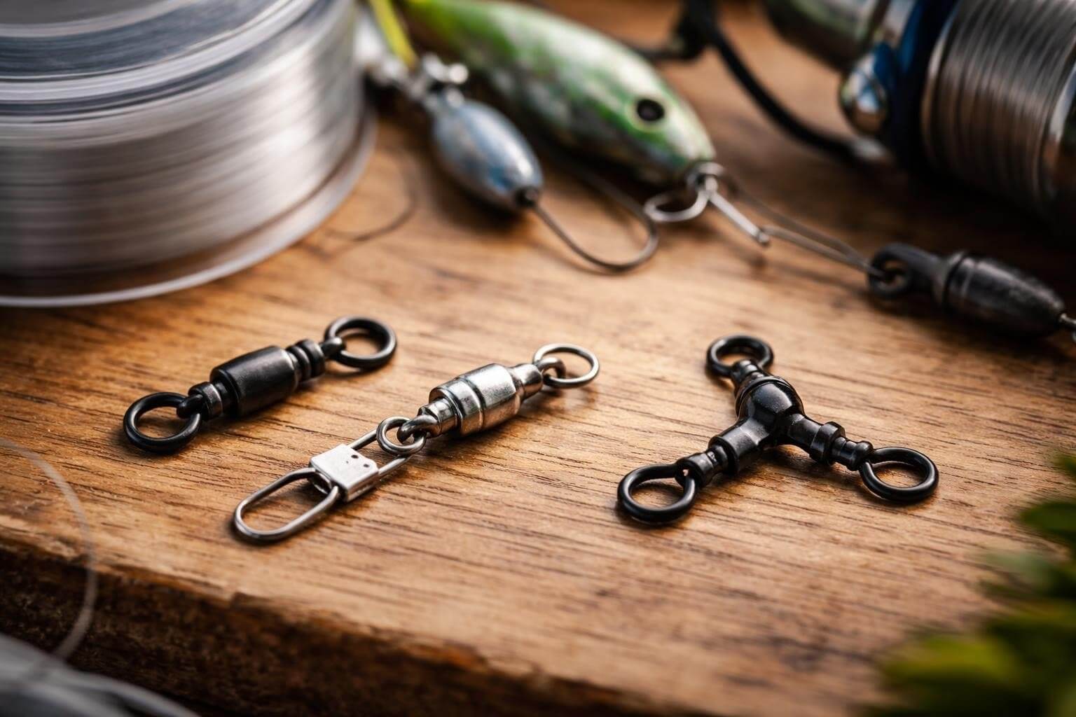 Fishing Swivels NZ Complete Guide for 2026 image showing various fishing swivels on a wooden table.