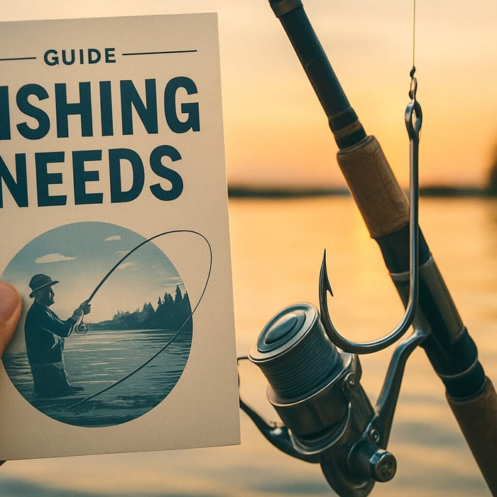 A person holding the book titled Fishing Needs Guide Your Essential Handbook for 2026 while fishing at sunset.