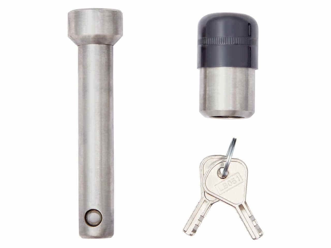 Trojan Locking Stainless Steel Hitch Pin components including pin, lock cover, and keys.