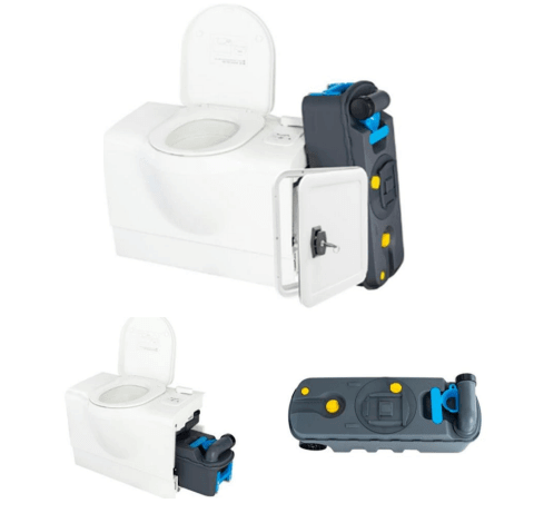 RV Toilets This Labour Day Freucamp Swivel Cassette Toilet with detachable cassette for easy waste disposal.