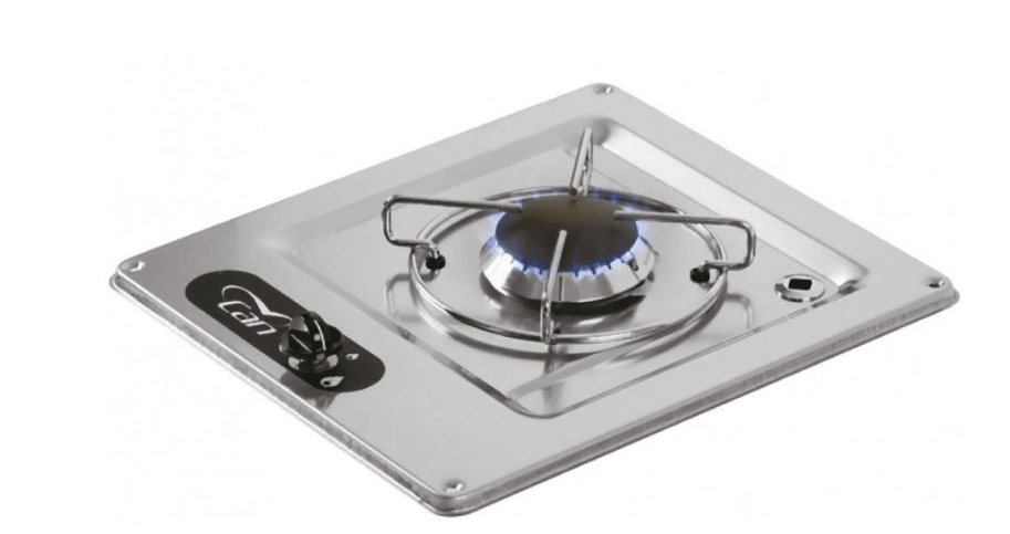 CAN Single Burner Hob Stainless Steel with blue flame and control knob, ideal for cooking.