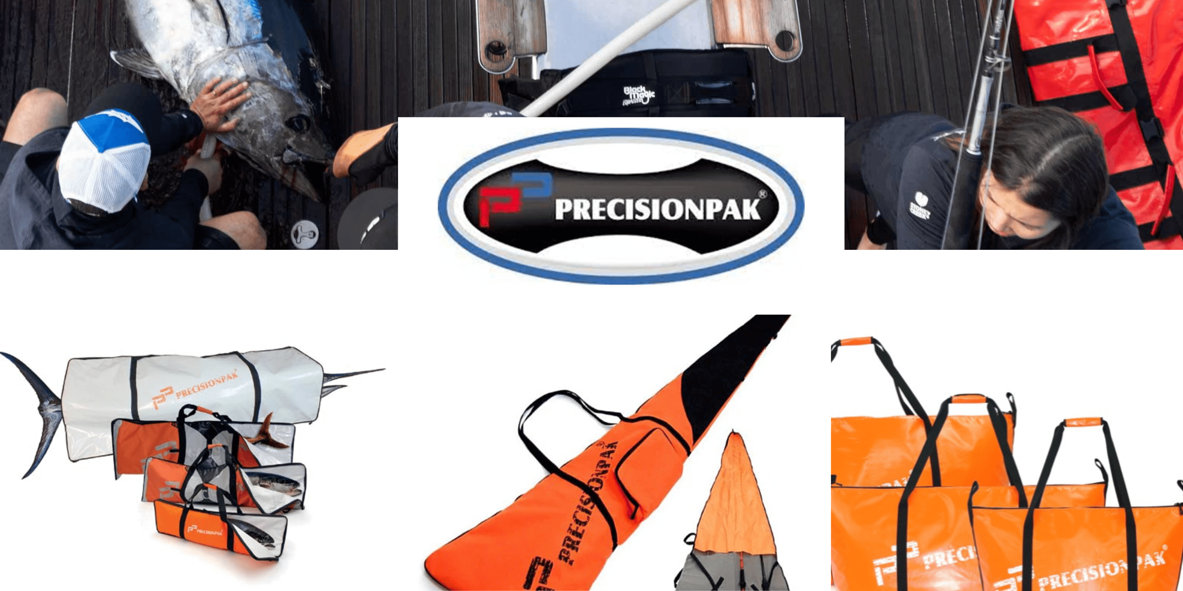 Super Sale on Storage Bags - showcasing PrecisionPak storage solutions and fishing gear on a boat.