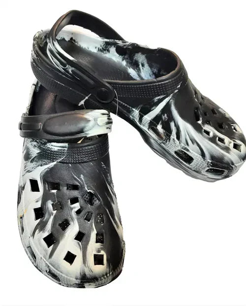 Cold Weather Fishing Just Got Better – Stylish black and white fishing clogs for comfort and support.