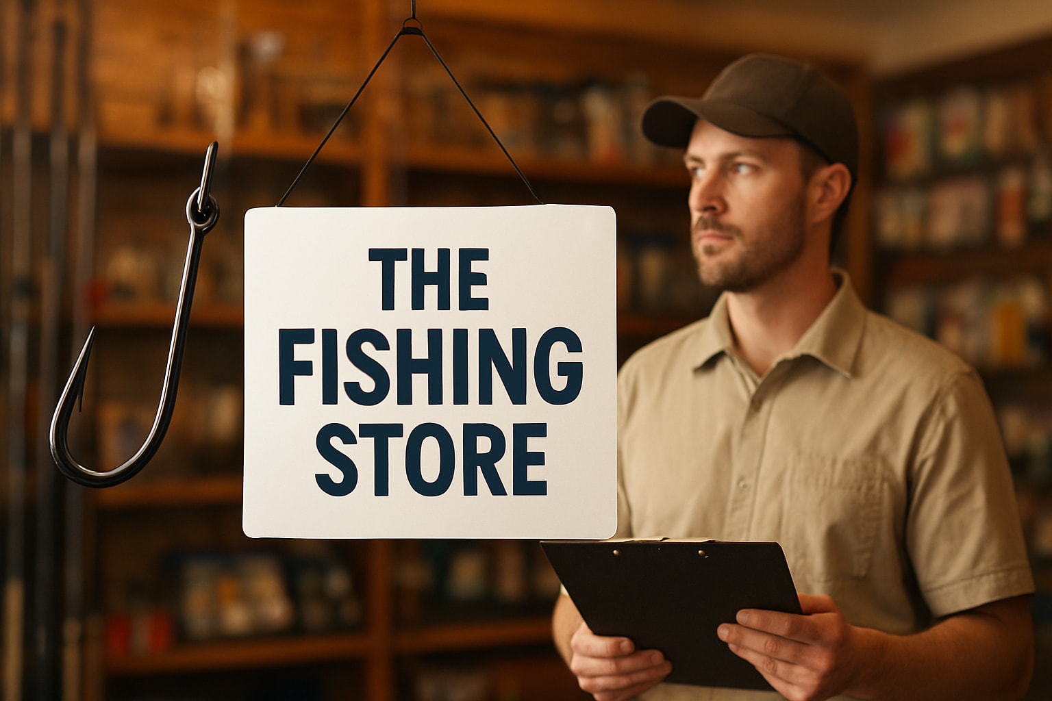 Expert Tips for 2026 for Anglers at a fishing store with a sign and an employee holding a clipboard.