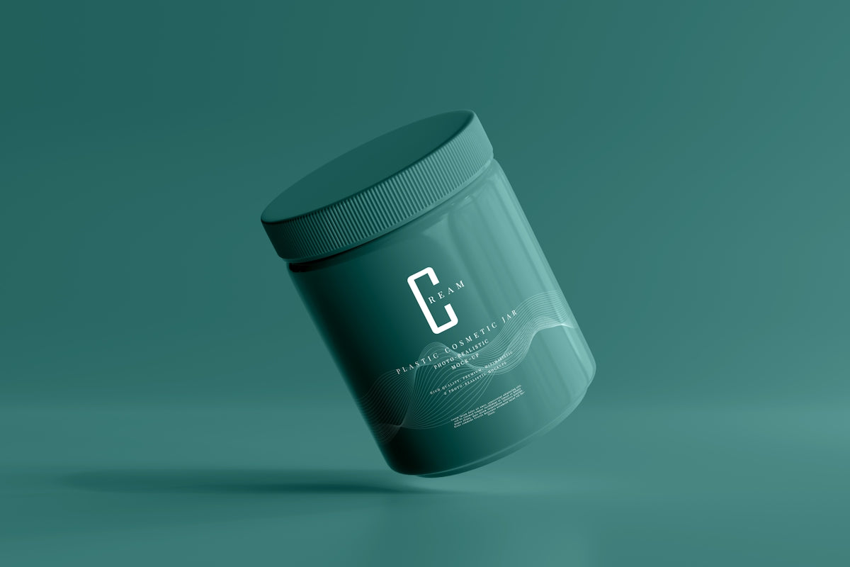 a jar of vitamins on a green background