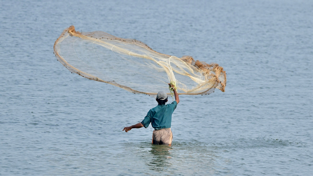 Fisherman casting a net in the ocean, showcasing how 3 Inch Heavy Duty Mesh Is a Game-Changer for catching fish.