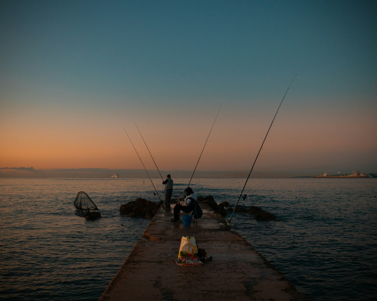 a group of people standing on top of a pier next to a body of water