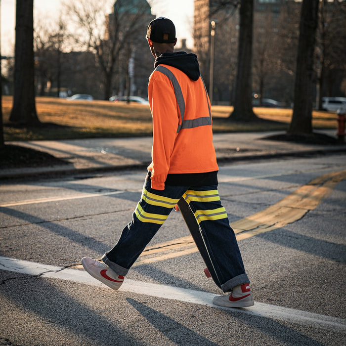a man in an orange safety vest crossing a street