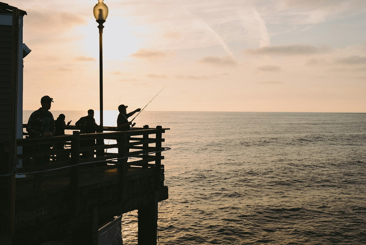 a group of people fishing off of a pier