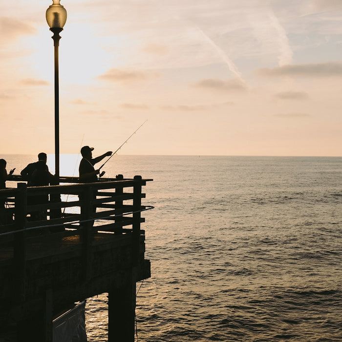 a group of people fishing off of a pier