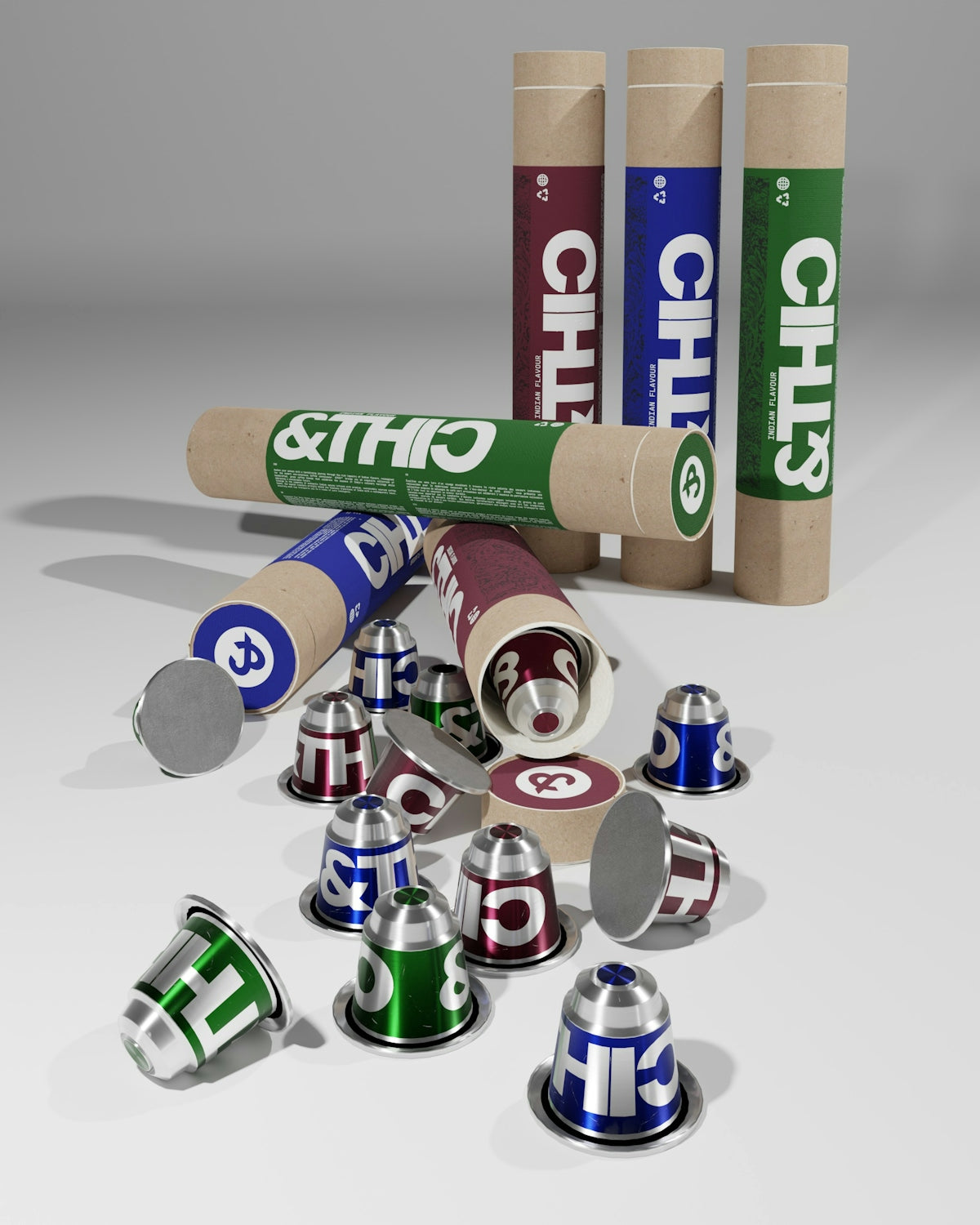 a group of different colored objects on a white surface