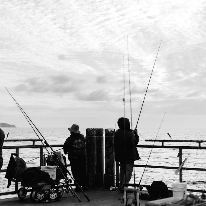 People are fishing off a pier in monochrome.