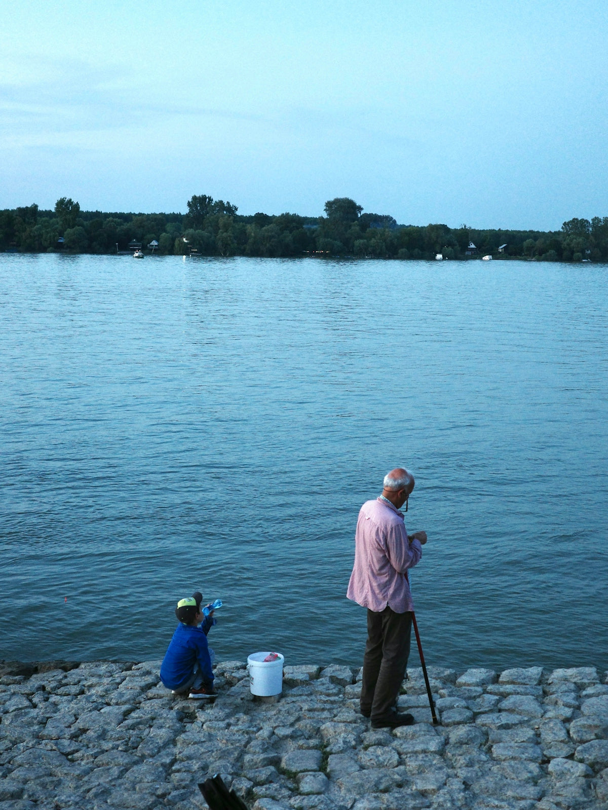 Man and child fishing by the water