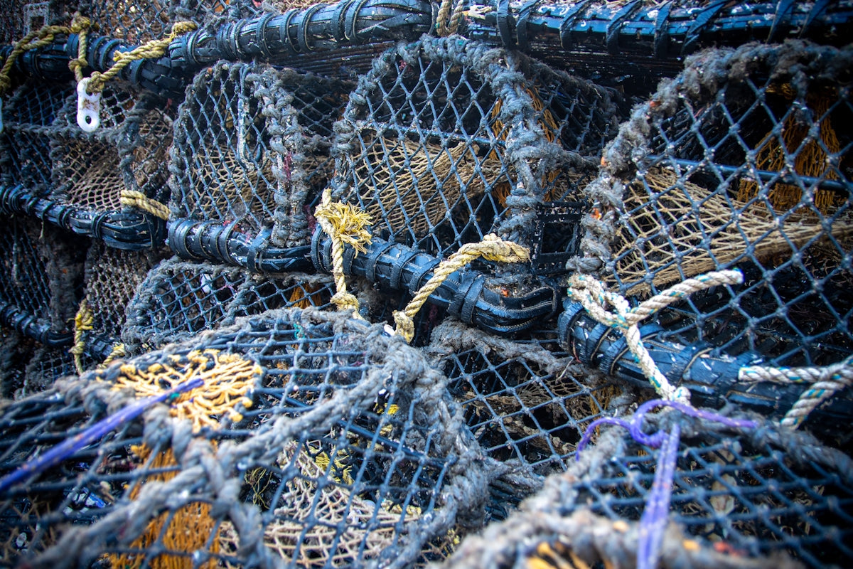 A pile of stacked lobster pots with ropes
