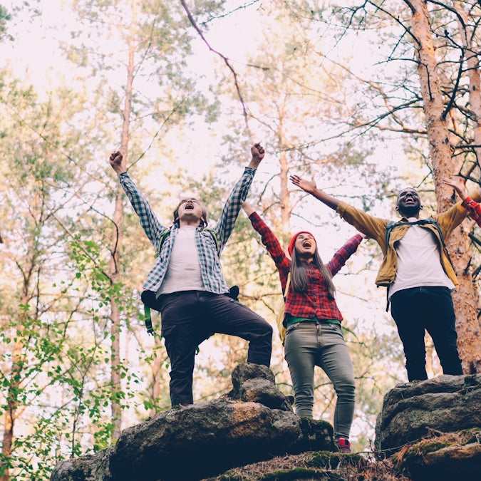 Four friends celebrating on rocky terrain outdoors