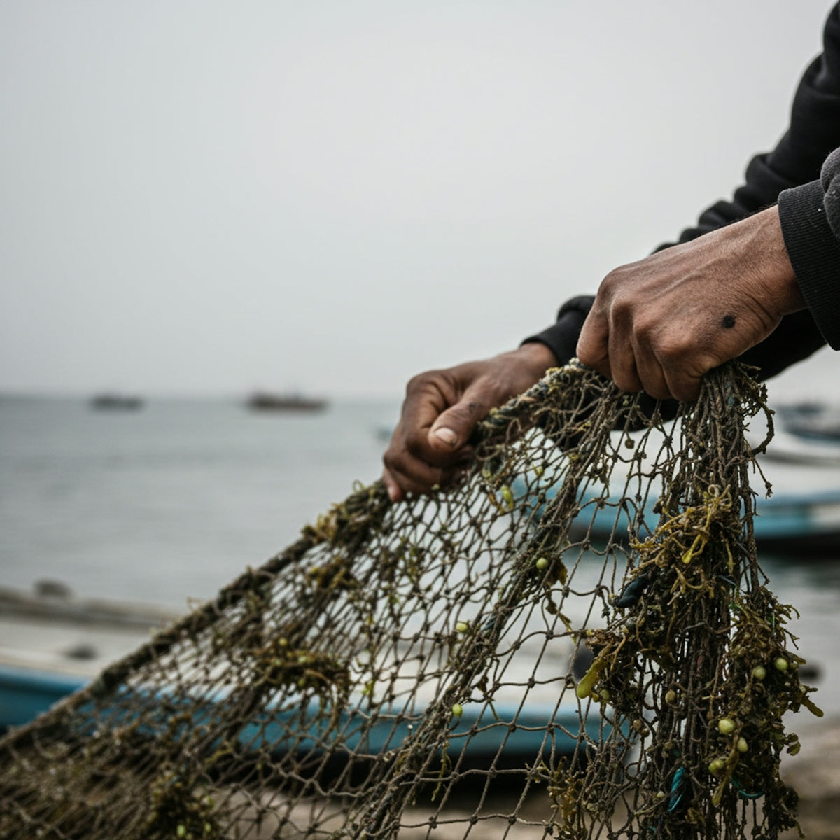 Fisherman holding a fishing net near the water