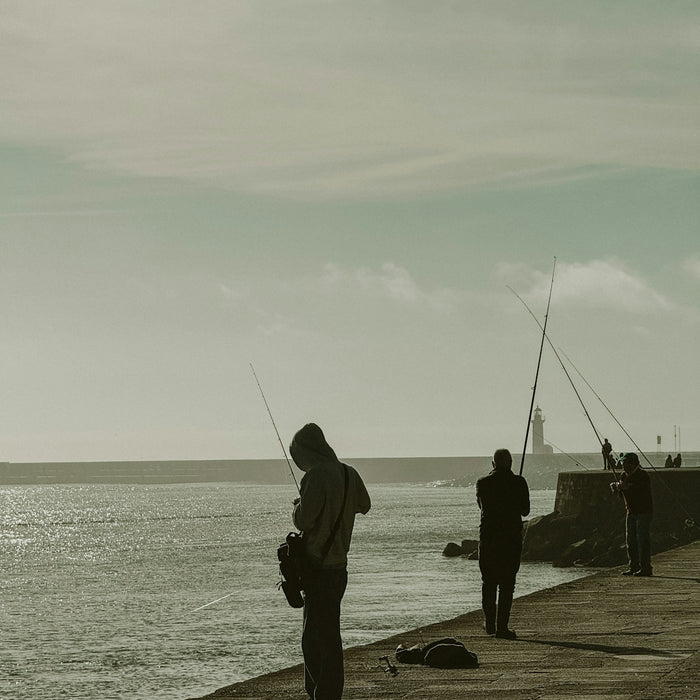 Silhouettes of people fishing on a pier near the ocean