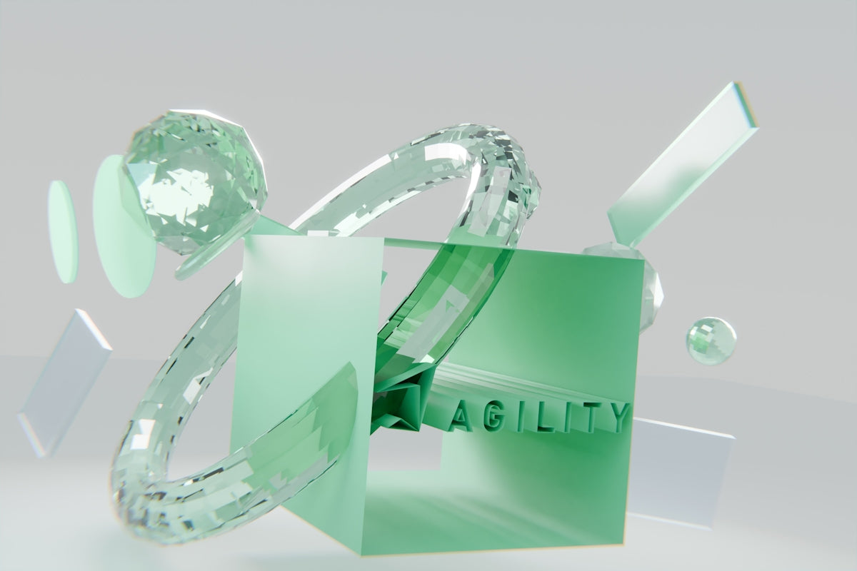 Abstract green and clear glass shapes with agility text