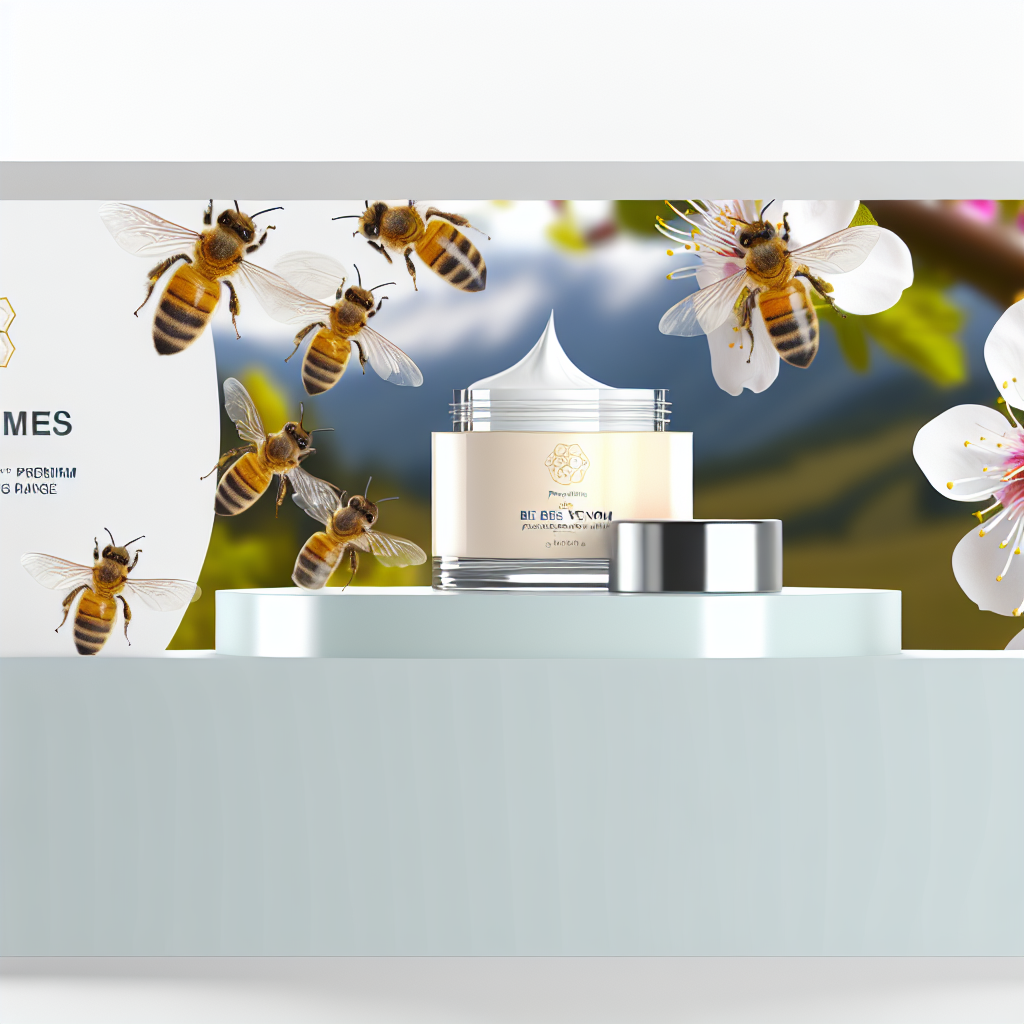 Alpine Silks Premium Bee Venom range cream jar surrounded by bees and white blossoms.