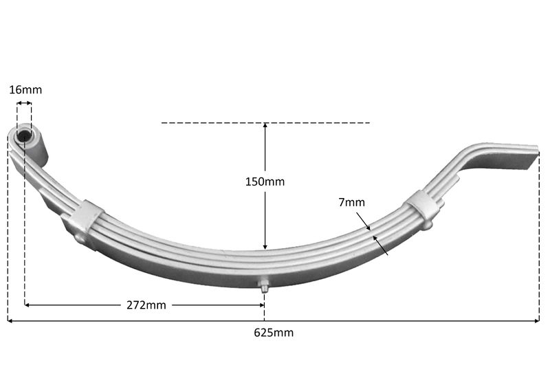 4 Leaf Deep Slipper Spring - 1500kg - 50mm wide - Pair shown with dimensions, eye diameter 16mm, outer length 625mm.