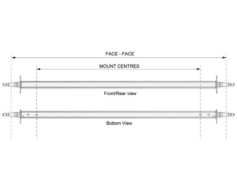 Straight Beam Axle - 9" Drum - 1500kg - Galvanised technical drawing showing front and bottom views with mount centres.