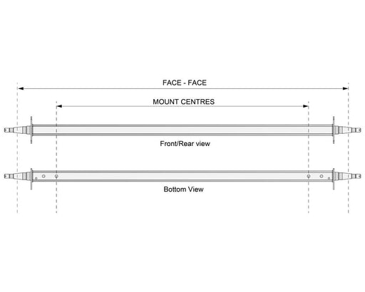 Straight Beam Axle - 9" Drum - 1500kg - Galvanised technical drawing showing front and bottom views with mount centres.